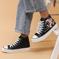Women's Butterfly & Letter Print Canvas High Top Sneakers Lace Up Outdoor Shoes