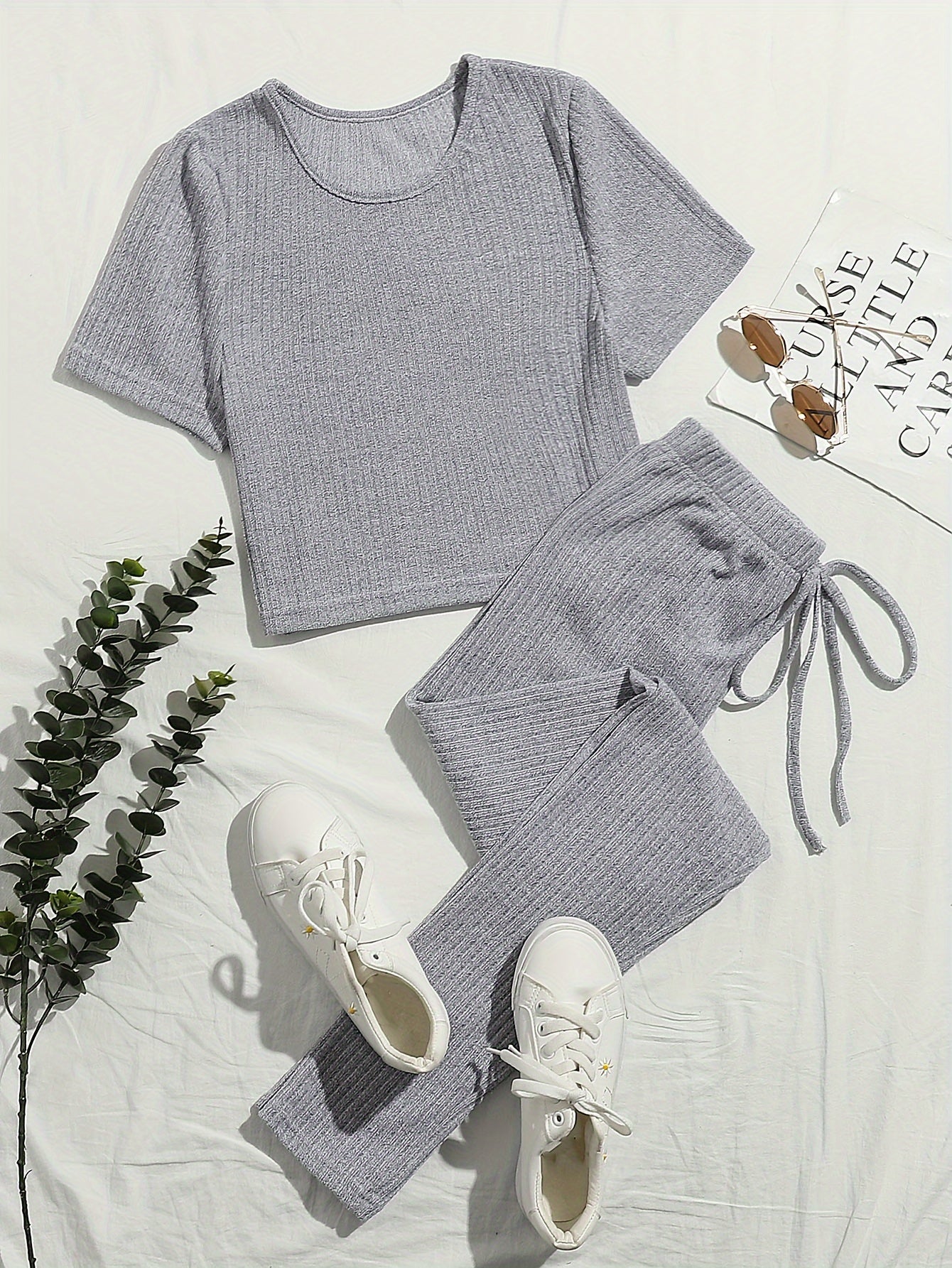 Short Sleeve Crew Neck Top & Elastic Waistband Pants Set