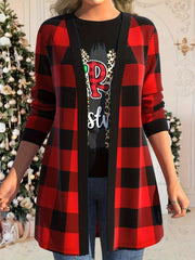 Plaid Print Long Sleeve Open Front High Stretch Cardigan