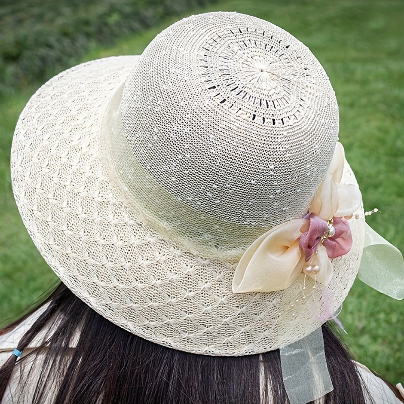 Foldable Flower Sun Hat Lace Ribbon Decor Sunscreen Basin Hat