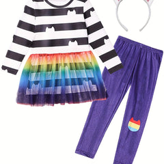 Rainbow Stripe Cat Mesh Top and Leggings Set for Girls