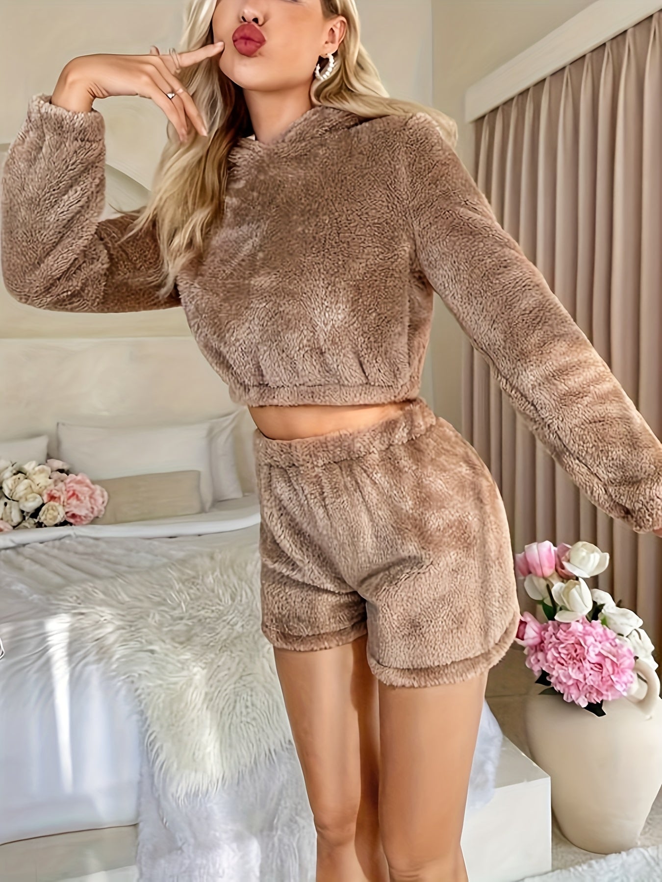 Fuzzy Lounge Set Long Sleeve Hooded Top & Shorts
