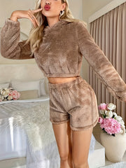 Fuzzy Lounge Set Long Sleeve Hooded Top & Shorts