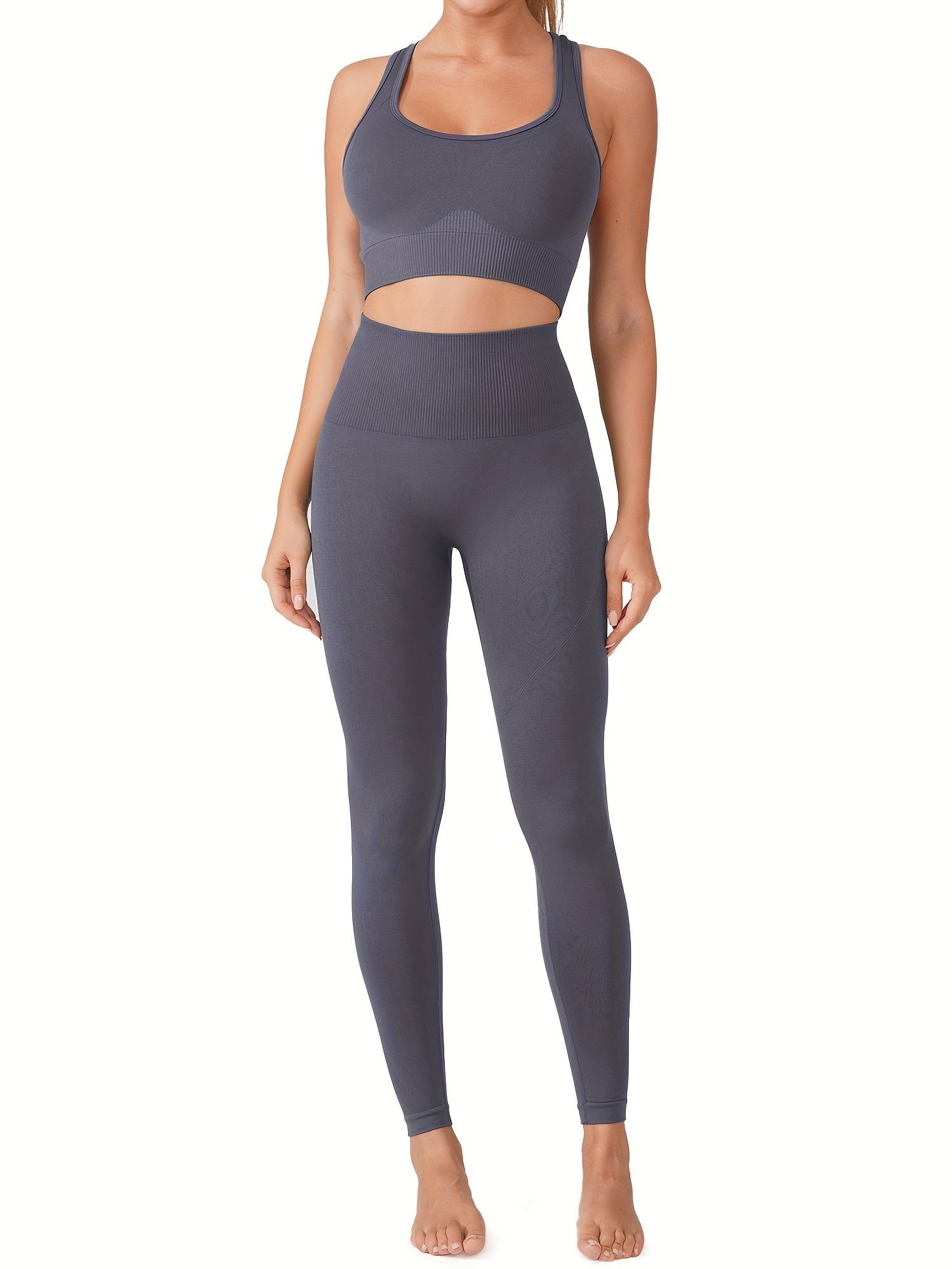 Solid Yoga Set Crop Top & Legging Sports Suit Women's Activewear