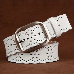 Vintage Leather Flower Belt Oval Buckle Waistband