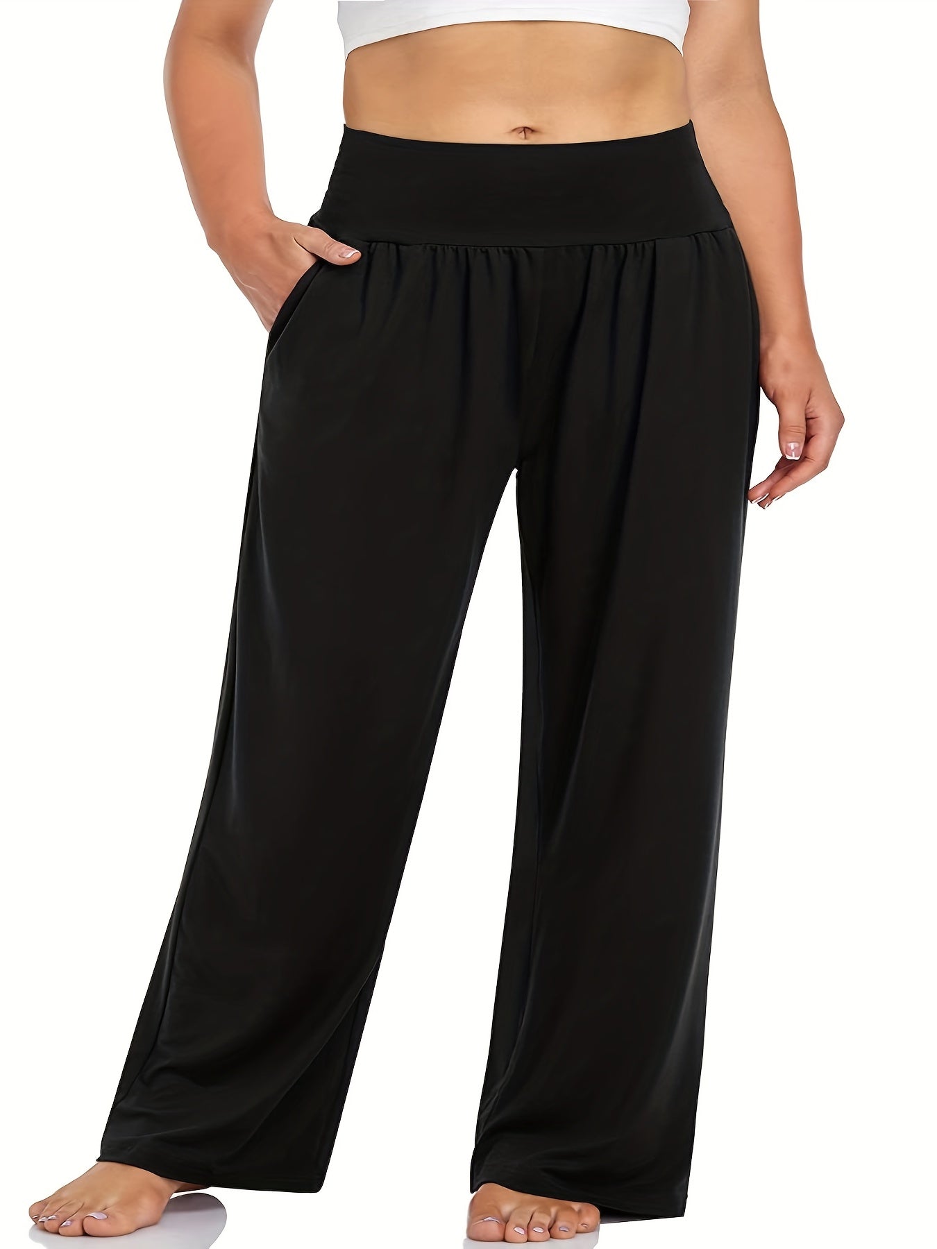 Wide Leg Pants Stretch High Waist Pockets