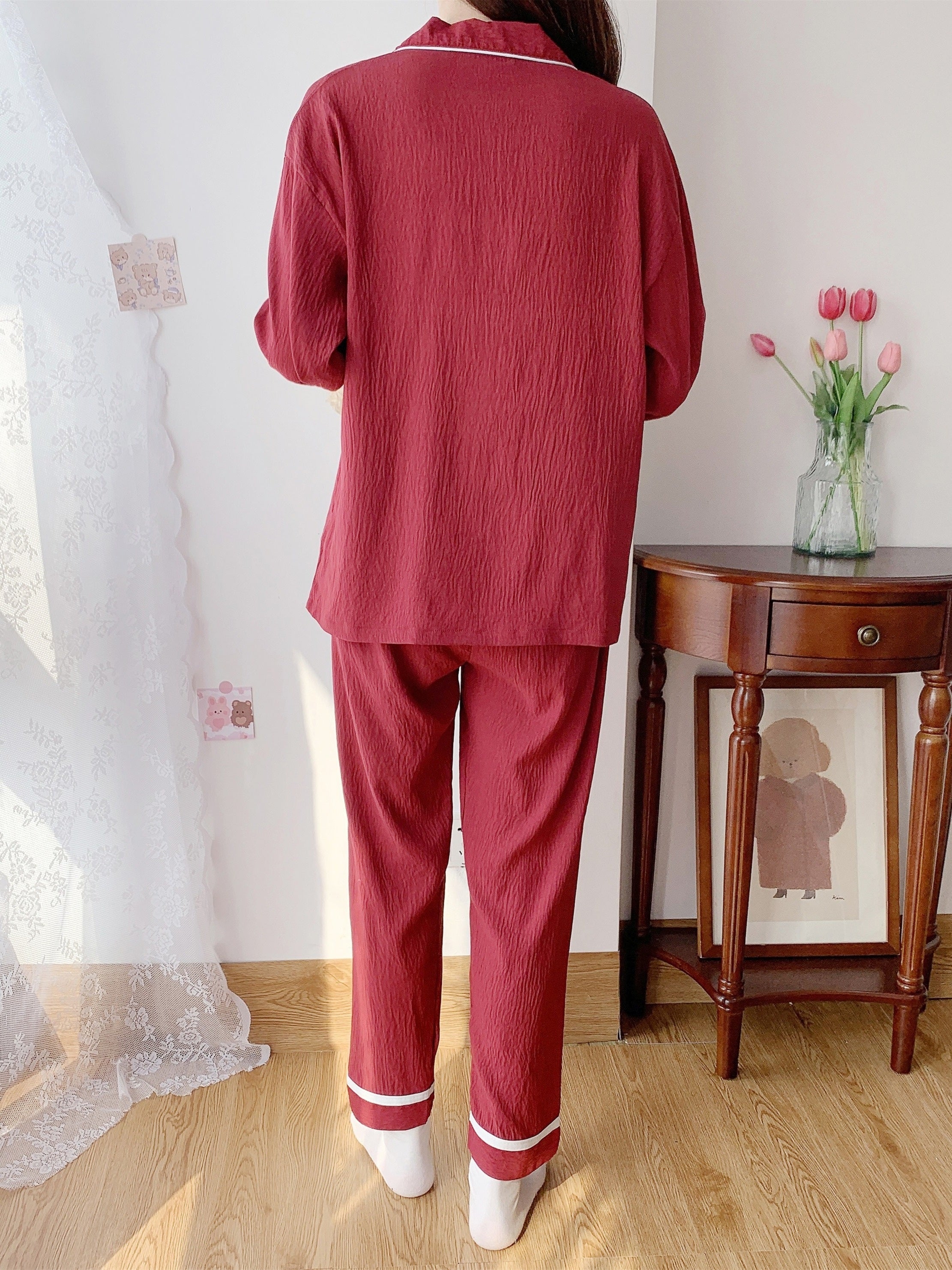 2pcs Spring/Fall Loungewear Set Long Sleeve Button Top & Pants