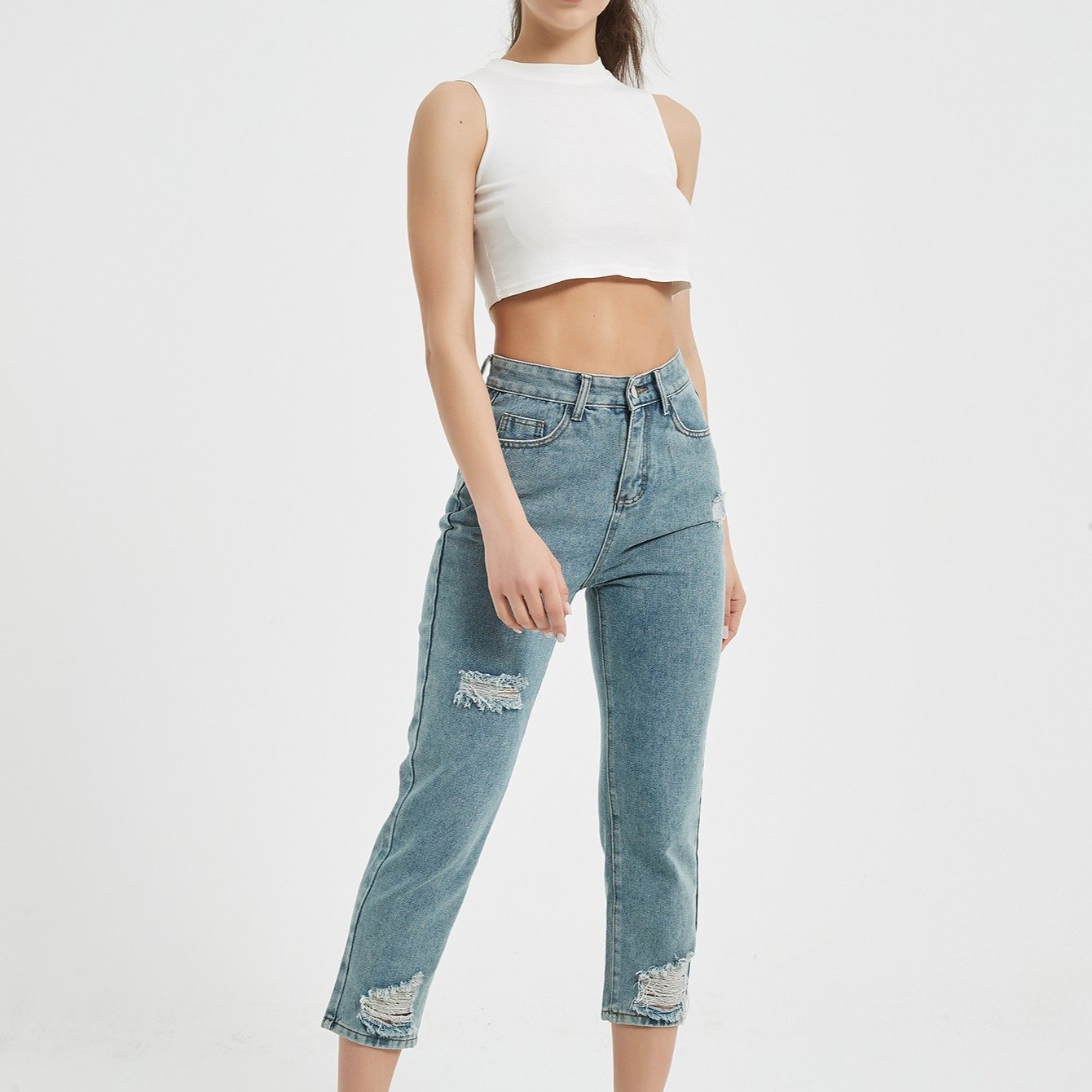 High Waist Distressed Cropped Jeans