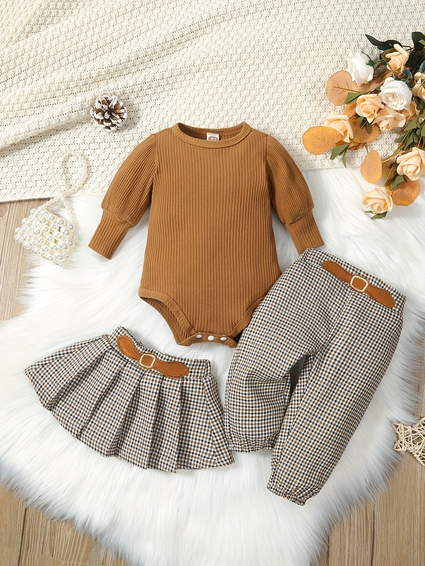 Baby Girls Stylish Puffy Sleeve Top & Houndstooth Skirt Set