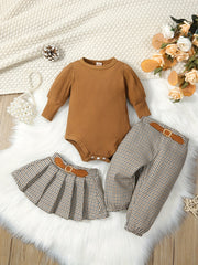 Baby Girls Stylish Puffy Sleeve Top & Houndstooth Skirt Set