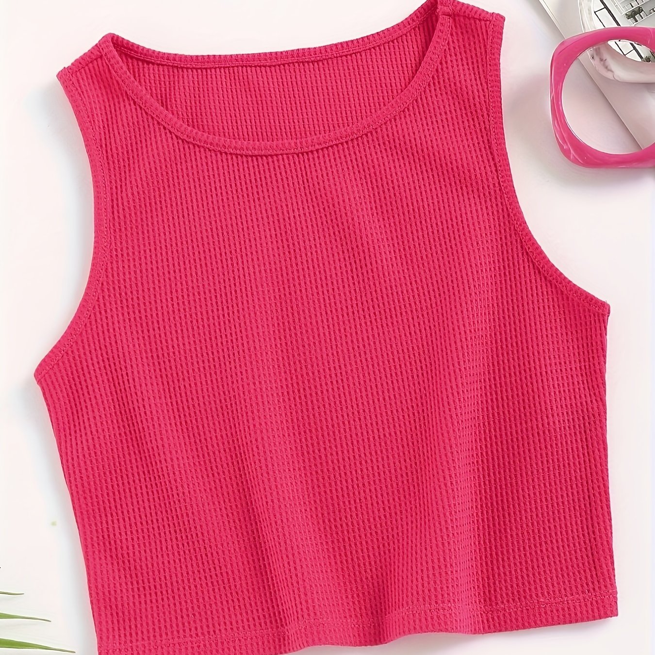 Waffle Solid Tank Top Sleeveless Crew Neck Casual & Comfy Women's Lingerie
