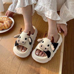 Funny Cow Slippers Open Toe Linen Slides Indoor Shoes