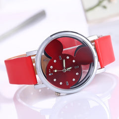 Girls Hollow Out Mouse Quartz Watch Faux Leather Band Holiday Birthday Gift