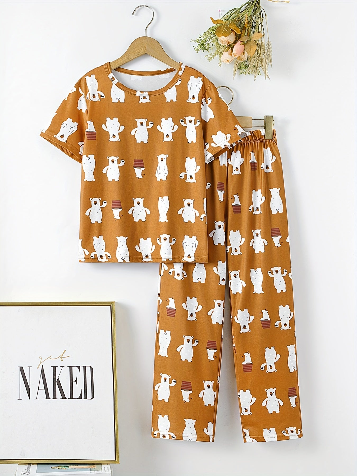 Boys Bear Print Pajama Set Tee Top & Pants Kids Loungewear 2pcs Set