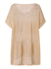 Apricot Crochet Eyelet Hollow Cove Up Dress Shorts Sleeve Solid Vacation Boho