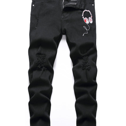 Boys Headphone Print Ripped Jeans