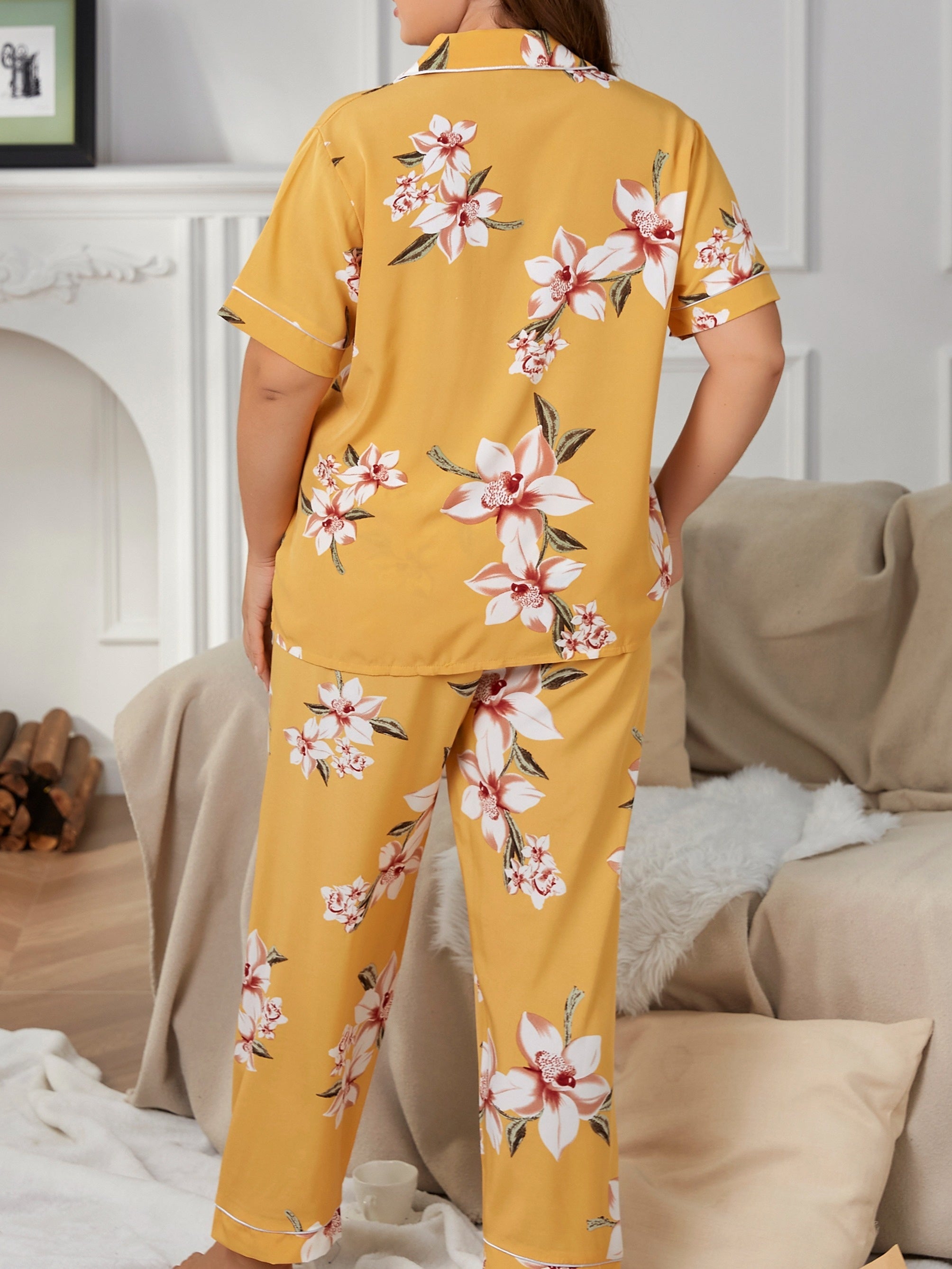 Floral Print Pajama Set Short Sleeve Lounge Two Piece