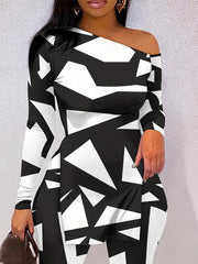 Graphic Print 2 Piece Set One Shoulder Side Split T shirt & Slim Pants