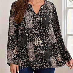 Boho Blouse Women's Plus Patchwork Print Long Sleeve Shirt Top