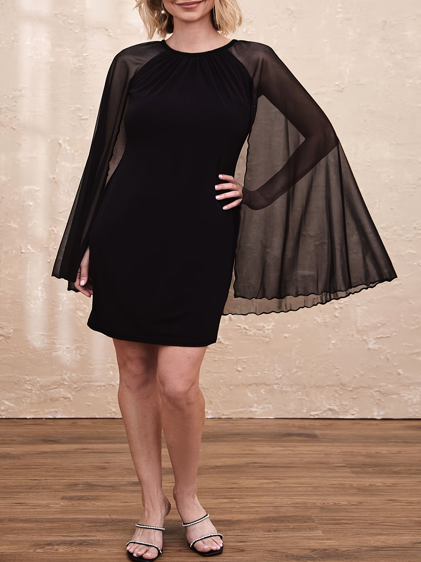 Contrast Mesh Split Cape Sleeve Dress
