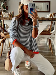 Striped Print Crew Neck Knit Sweater Long Sleeve