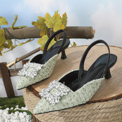 Women's Tweed Kitten Heels Rhinestone Square Buckle Slingback Sandals