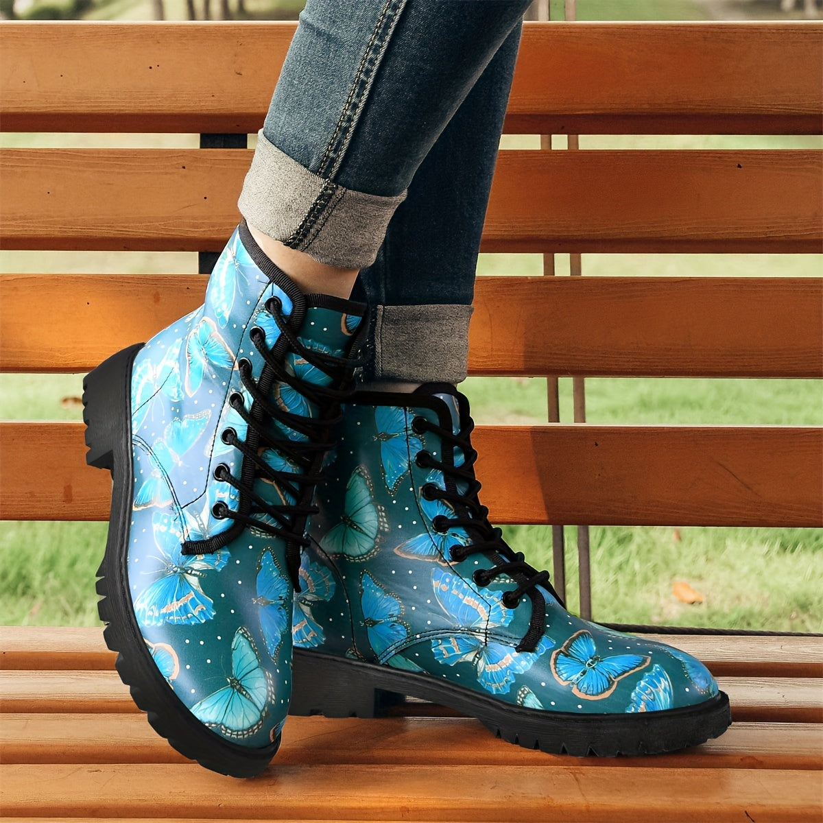 Women's Butterfly Print Ankle Boots Round Toe Lace Up Flat Combat Boots