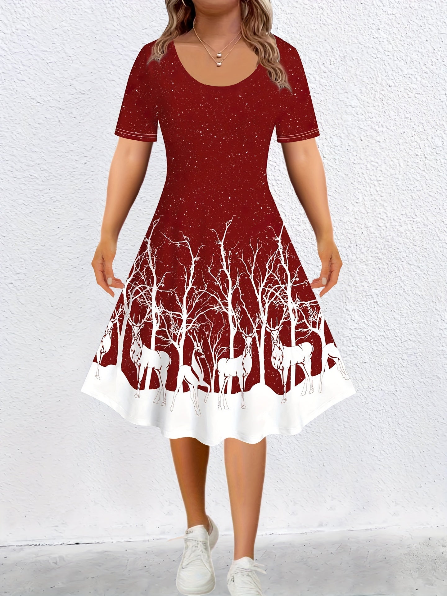 Christmas Deer Print Short Sleeve Dress Women's Plus
