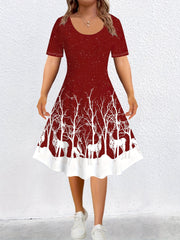 Christmas Deer Print Short Sleeve Dress Women's Plus
