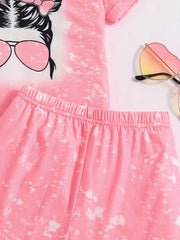 2pcs Toddler Girls Tie Dye Bow Figure Graphic T Shirts & Shorts Set
