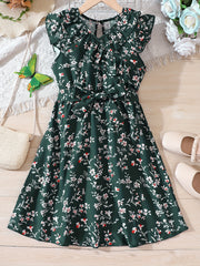Girls Flower Print Dress with Waist Band - Summer Clothes
