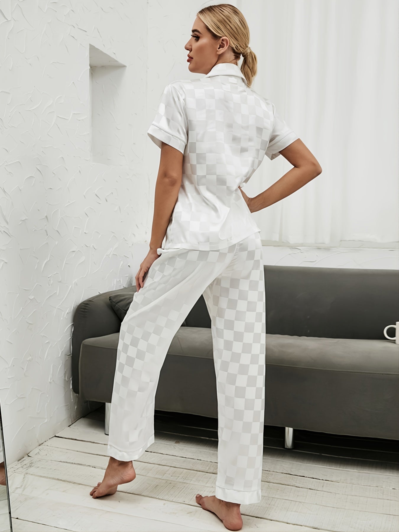 Checkerboard Satin Short Sleeve Pajama Set