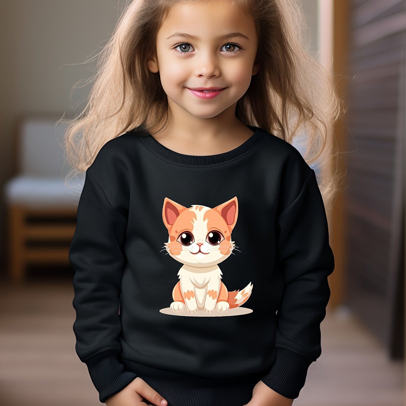 Cartoon Cat Print Girls Sweatshirt Long Sleeve Crew Neck Tops