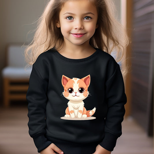 Cartoon Cat Print Girls Sweatshirt Long Sleeve Crew Neck Tops