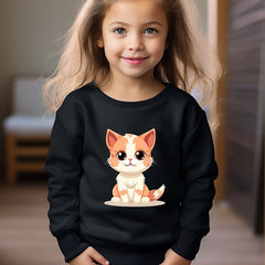 Cartoon Cat Print Girls Sweatshirt Long Sleeve Crew Neck Tops