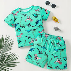 Boys Cartoon Dinos Print Tee & Shorts Set, Summer Kids Outfit