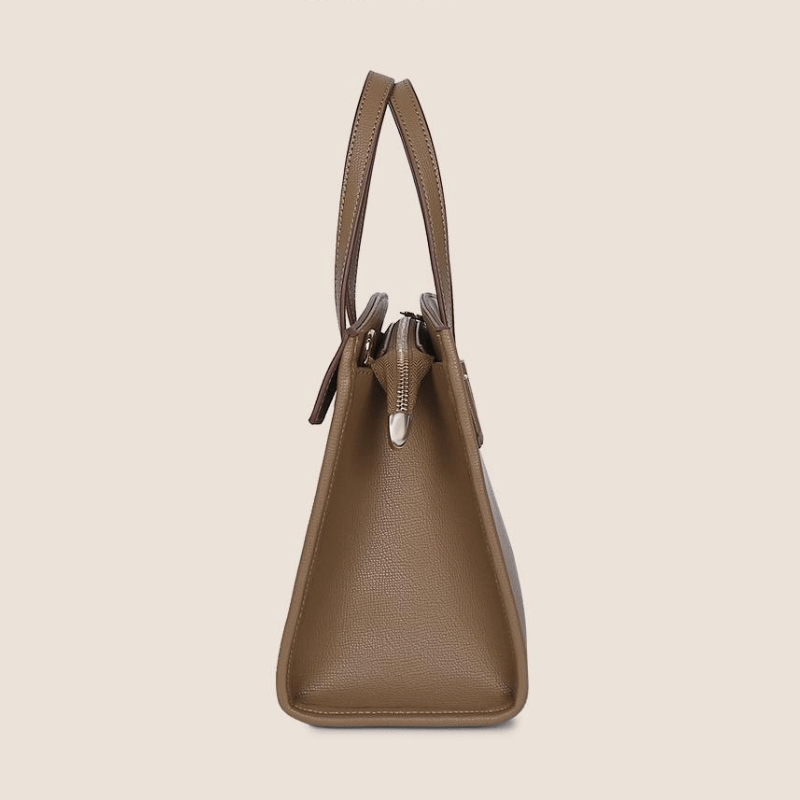 Beige Leather Tote Bag Adjustable Strap Zipper Closure Polyester Lining