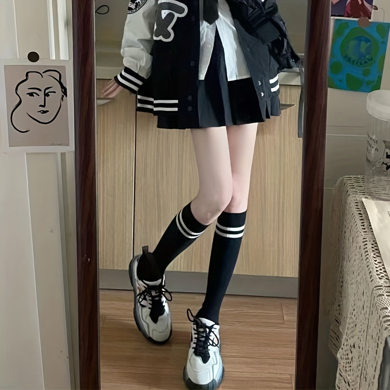 Colorblock Stripe Print Calf Socks Knee High Stockings & Hosiery