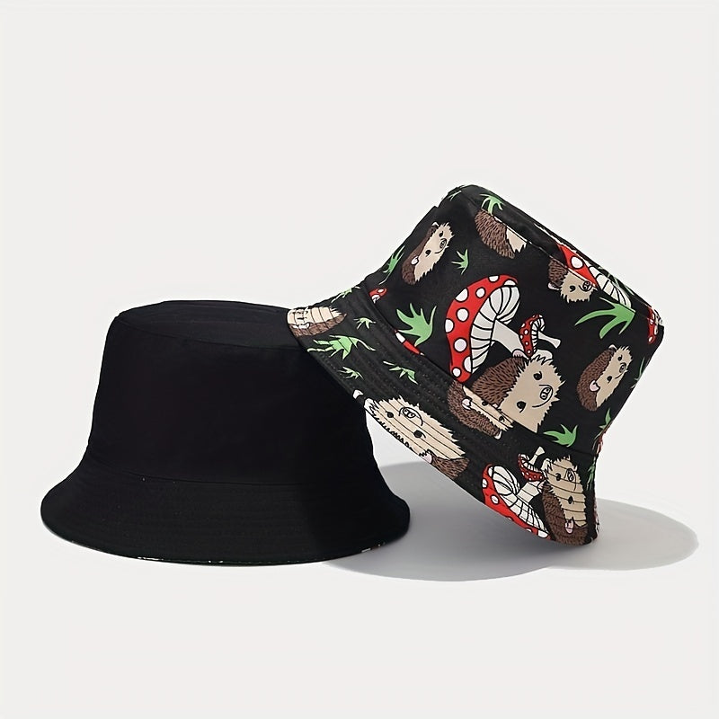 Unisex Sunshade Bucket Hat with Hedgehog Mushroom Print - Double Sided Sun Hat