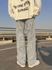 Men's Wide Leg Denim Jeans with Embroidery