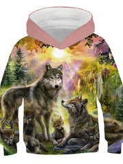 Boy's 3D Wolf Print Hoodie Casual Stretch Hooded Sweatshirt