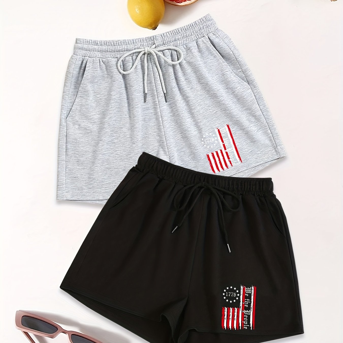 Flag & Number Print Shorts 2 Pack for Summer Women's Clothing