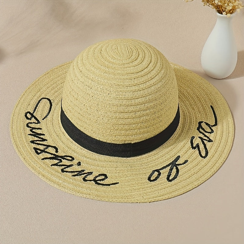 Sunshine Embroidery Sun Hat Wide Brim Khaki Floppy Travel Beach Hat