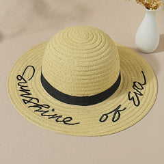 Sunshine Embroidery Sun Hat Wide Brim Khaki Floppy Travel Beach Hat