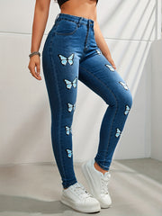 Butterfly Print Skinny Jeans Y2K Denim Pants