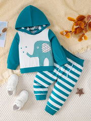 Baby Elephant Print Hooded Sweatshirt Striped Pants Set