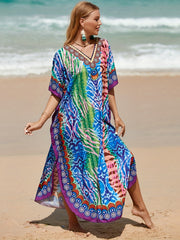 Boho Cover Up Dress Women's Plus Random Print Bat Sleeve V Neck