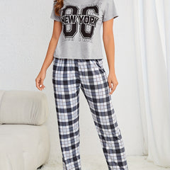 Plaid Print Pajama Set Short Sleeve Tee & Elastic Waistband Pants