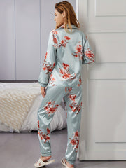 Floral Satin Pajama Set with Pocket Top & Elastic Pants