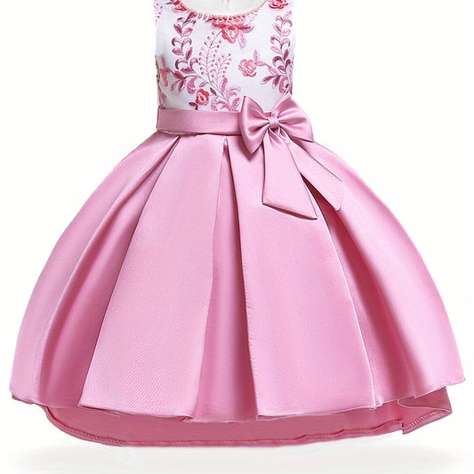 Girls Floral Embroidery Princess Dress High Low Pleated Dress